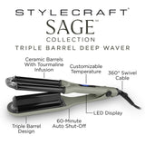 StyleCraft Sage Collection Triple Barrel Deep Waver Hair Stylist Iron SC715GR