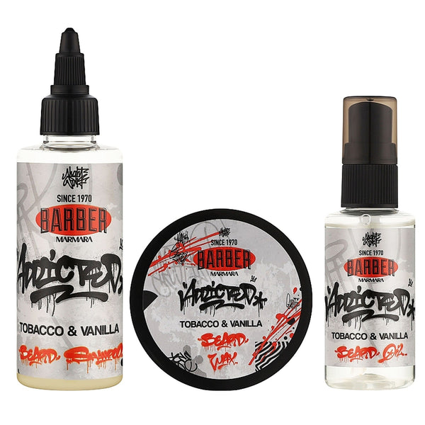 Barber Marmara Addicted Tobacco & Vanilla 3pc Beard Care Set Oil, Shampoo & Wax