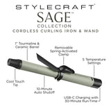 StyleCraft Sage Collection Cordless Hair Curling Iron & Wand Detachable Clamp