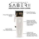 StyleCraft Pro Saber 2.0 White LE Metal Hair Clipper Digital Brushless